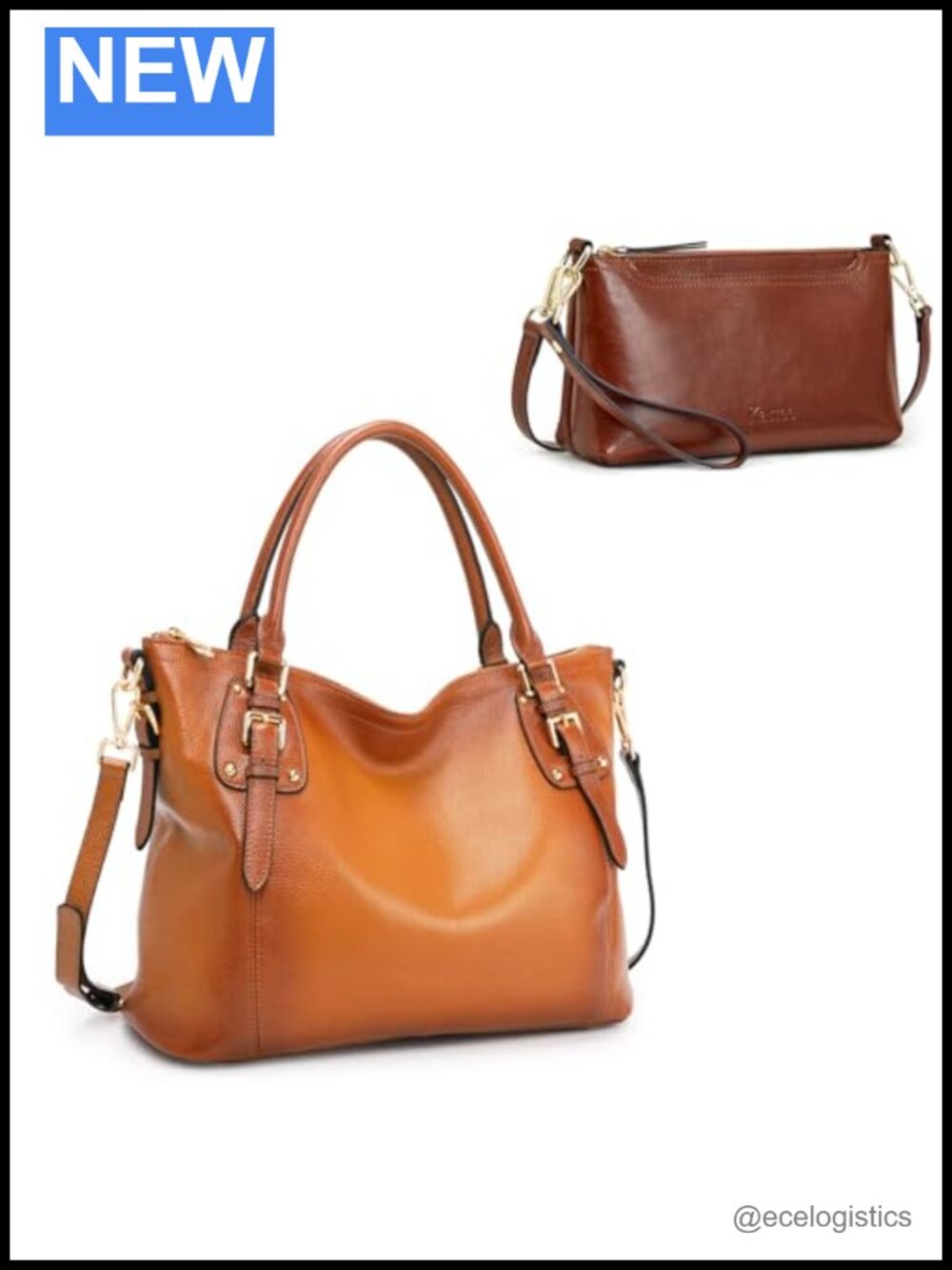 Genuine Leather Handbag Set with Crossbody Bag and Wristlet, 2 Straps